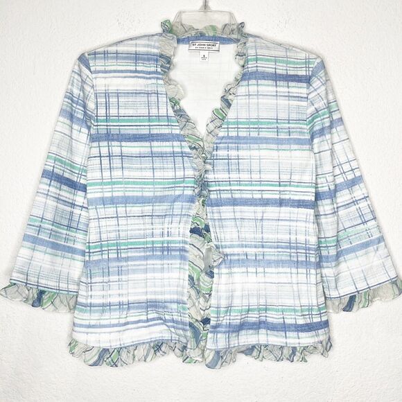 St. John Vintage Ruffle Striped Plaid Ruffle Blazer Jacket Blue Old Money - Picture 1 of 14